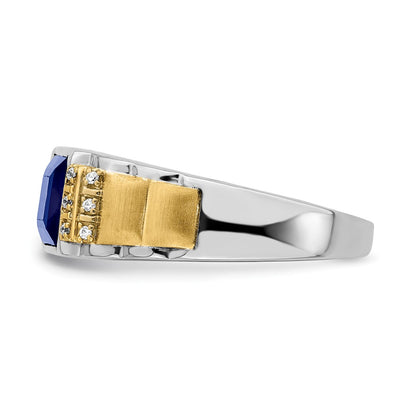 14K Two-tone Created Sapphire and Diamond Mens Ring