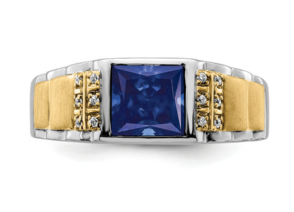 14k Two-tone Created Sapphire and Diamond Mens Ring