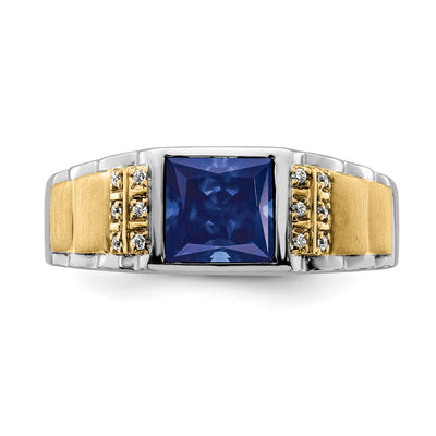 14K Two-tone Created Sapphire and Diamond Mens Ring