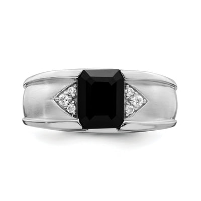14K White Gold Onyx and Diamond Mens Ring