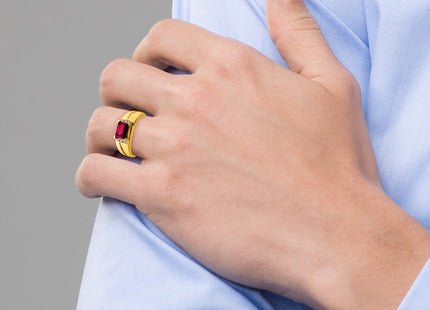 14k Emerald-cut Created Ruby and Diamond Mens Ring