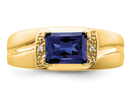 14k Emerald-cut Created Sapphire and Diamond Mens Ring