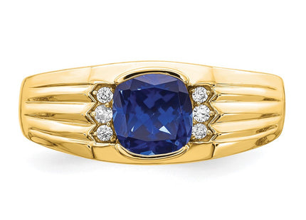 14K Cushion Created Sapphire and Diamond Mens Ring