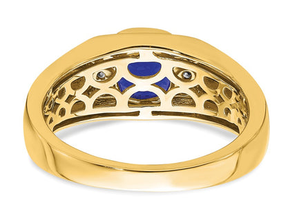 14K Cushion Created Sapphire and Diamond Mens Ring