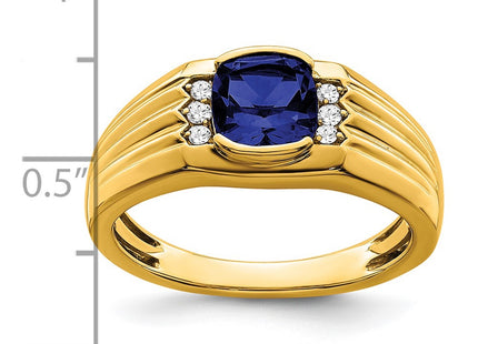 14K Cushion Created Sapphire and Diamond Mens Ring