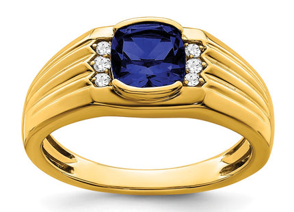 14K Cushion Created Sapphire and Diamond Mens Ring