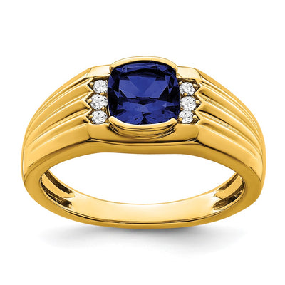 14K Cushion Created Sapphire and Diamond Mens Ring