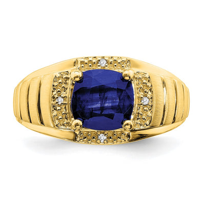 14K Cushion Created Sapphire and Diamond Mens Ring