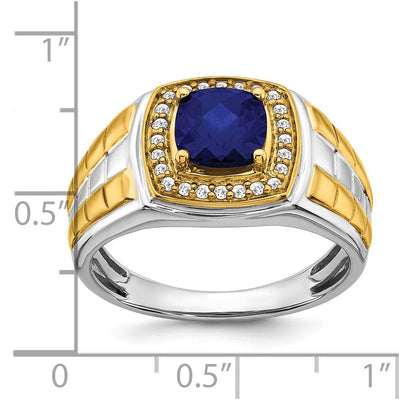 14K Two-tone Created Sapphire and Diamond Mens Ring