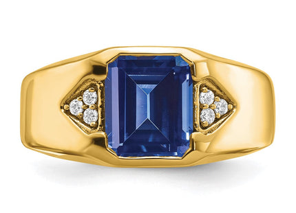 14k Emerald-cut Created Sapphire and Diamond Mens Ring (Style RM7470-CSA-009-YA)
