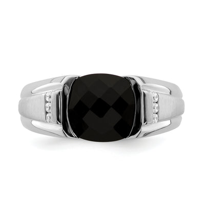 14K White Gold Onyx and Diamond Mens Ring