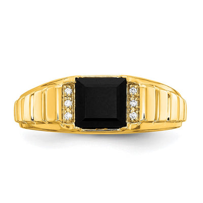 14K Square Onyx and Diamond Mens Ring