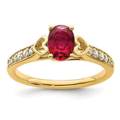 14K Polished Side Hearts Ruby and Diamond Ring