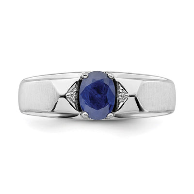 14K White Polished & Satin Sapphire & Diamond Mens Ring