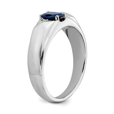 14K White Polished & Satin Sapphire & Diamond Mens Ring