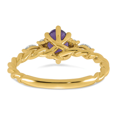 14K Polished Diamond and Amethyst Twisted Ring