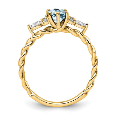 14K Polished Diamond and Aquamarine Twisted Ring