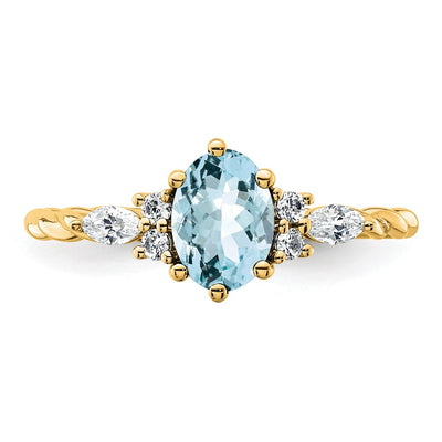14K Polished Diamond and Aquamarine Twisted Ring