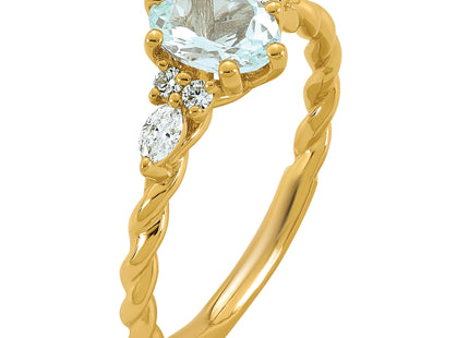 14K Polished Diamond and Aquamarine Twisted Ring
