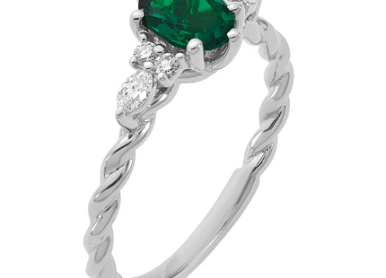 14K White Gold Polished Diamond and Lab Created Emerald Twisted Ring