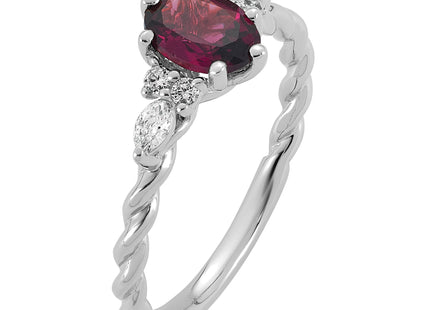 14K White Gold Polished Diamond and Rhodolite Garnet Twisted Ring