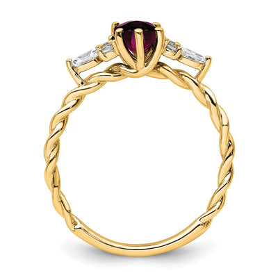 14K Polished Diamond and Rhodolite Garnet Twisted Ring