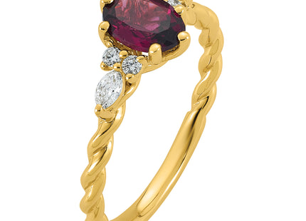 14K Polished Diamond and Rhodolite Garnet Twisted Ring