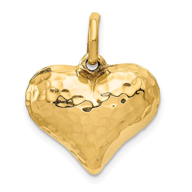 14K Polished and Hammered 3-D Heart Pendant, 21 x 19mm