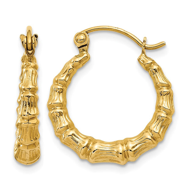 14k Polished Bamboo Design Hollow Hoop Earrings, 17 x 3.75mm