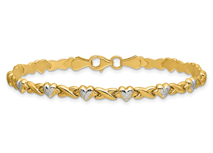 14k with White Rhodium Polished Diamond-cut X-and-Heart Bracelet