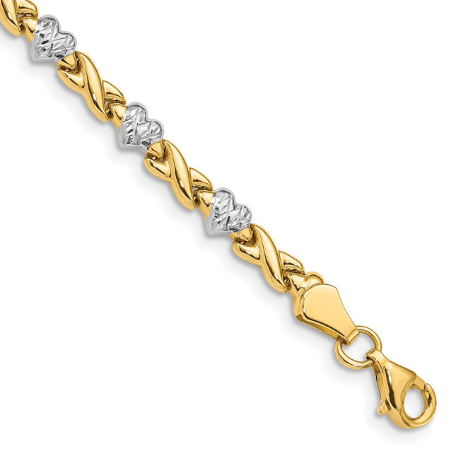 14k with White Rhodium Polished Diamond-cut X-and-Heart Bracelet