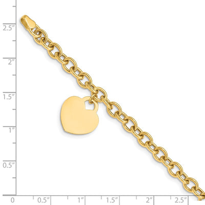 14K Engravable Solid Dangle Heart Charm and Hollow Chain Bracelet
