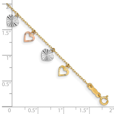 14K Tri-Color Textured Heart Dangle Bracelet