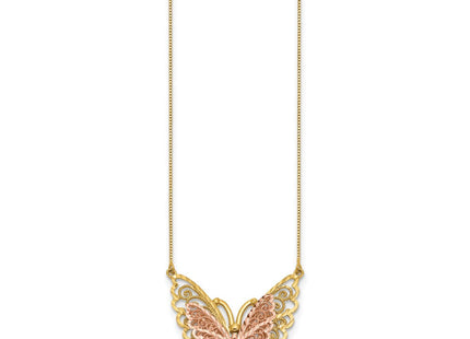 14k Yellow and Rose Gold with White Rhodium Large Filigree Butterfly Necklace (Style SF2041-18)