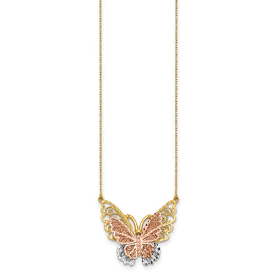 14K Yellow and Rose Gold with White Rhodium Large Filigree Butterfly Necklace, 18 x 26mm