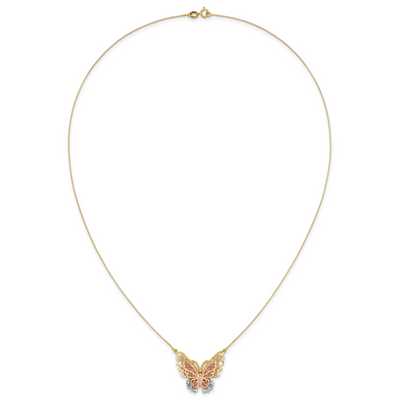 14K Yellow and Rose Gold with White Rhodium Large Filigree Butterfly Necklace, 18 x 26mm