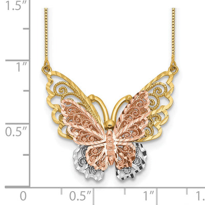 14K Yellow and Rose Gold with White Rhodium Large Filigree Butterfly Necklace, 18 x 26mm