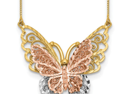 14k Yellow and Rose Gold with White Rhodium Large Filigree Butterfly Necklace (Style SF2041-18)