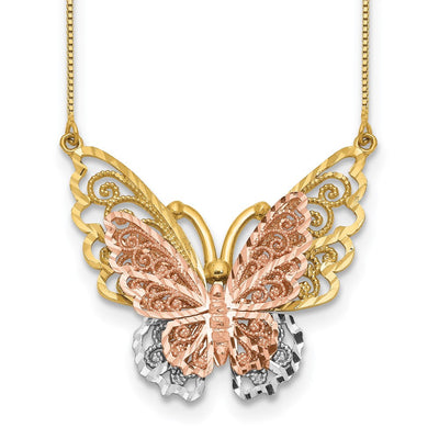 14K Yellow and Rose Gold with White Rhodium Large Filigree Butterfly Necklace, 18 x 26mm