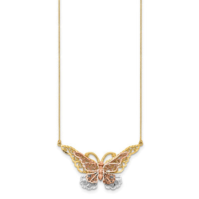 14K Yellow and Rose Gold with White Rhodium Large Filigree Butterfly Necklace, 17mm
