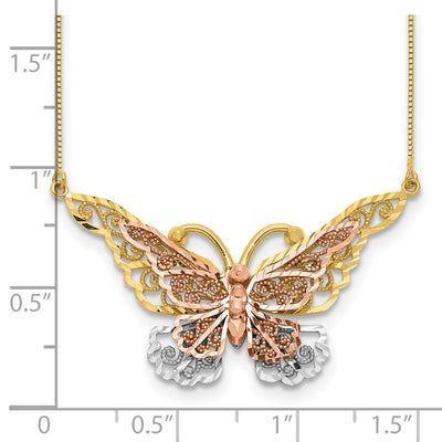 14K Yellow and Rose Gold with White Rhodium Large Filigree Butterfly Necklace, 17mm