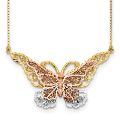 14K Yellow and Rose Gold with White Rhodium Large Filigree Butterfly Necklace, 17mm