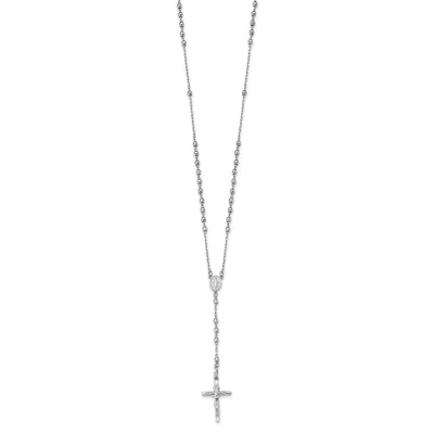 14K White Gold Polished Crucifix and Miraculous Medal with Mirror Beads Rosary Necklace