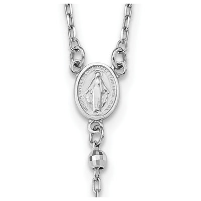14K White Gold Polished Crucifix and Miraculous Medal with Mirror Beads Rosary Necklace