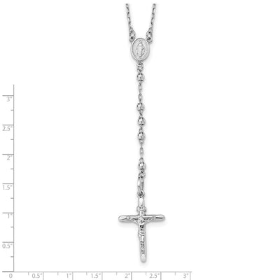 14K White Gold Polished Crucifix and Miraculous Medal with Mirror Beads Rosary Necklace