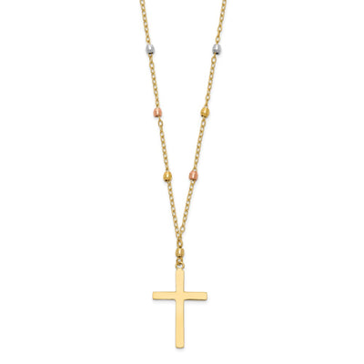 14K Tri-color Mirror Beaded Chain with Polished Cross Pendant Necklace
