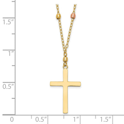 14K Tri-color Mirror Beaded Chain with Polished Cross Pendant Necklace