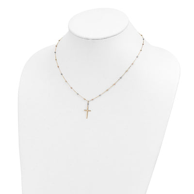 14K Tri-color Diamond-cut Beaded Chain with Polished Cross Pendant Necklace