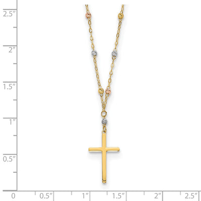 14K Tri-color Diamond-cut Beaded Chain with Polished Cross Pendant Necklace