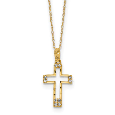 14K Polished Diamond-cut CZ Cross Pendant Necklace